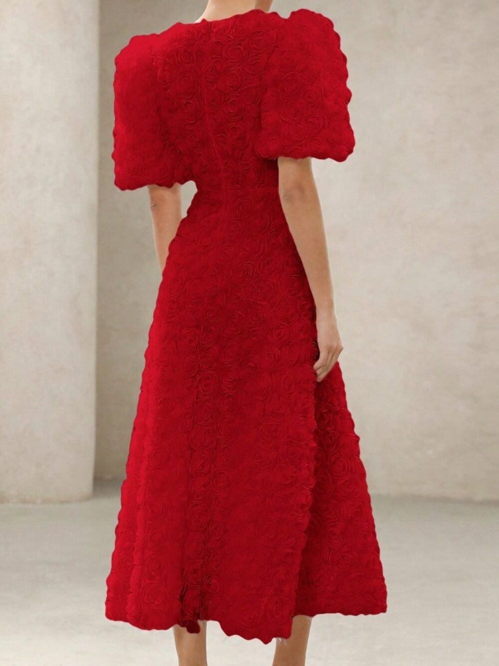 Red Elegant French Women's 3D Floral V-Neck Petal Sleeve Cinched Waist Dress - Picture 2 of 6